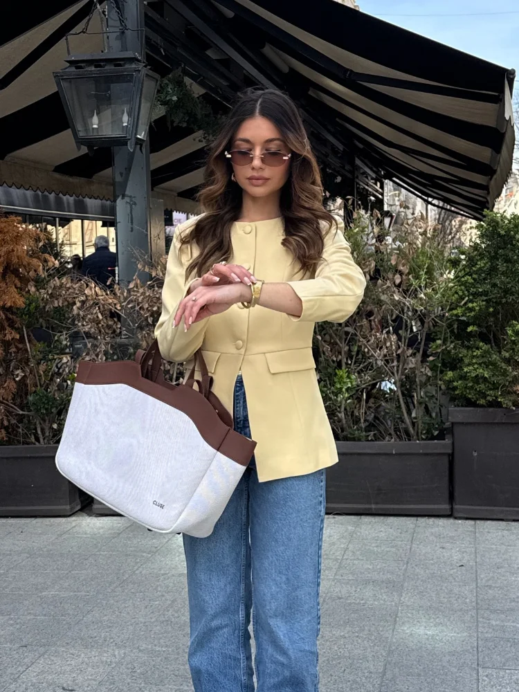 

Элегантный желтый пиджак с круглым вырезом, женский шикарный однобортный однобортный костюм с длинными рукавами и карманами, новая модная женская одежда для поездок на работу