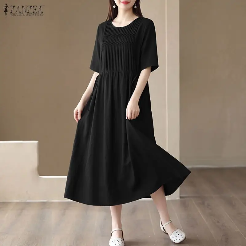 ZANZEA Korean Style Midi Dress Women Elegant Office Pleated Drawstring Sundress Casual Loose A-Line Round Neck Vacation Vestidos