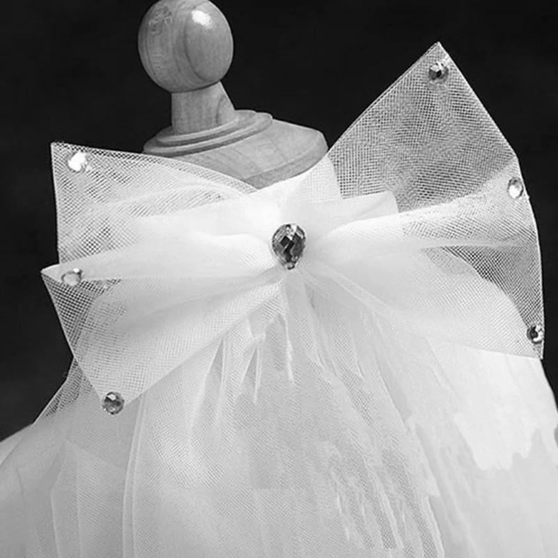 White First Communion 2 Tier Veil for Girls with Sheer Tulle for Rhinestone Bowknot and Comb Wedding Party Hair Accessor