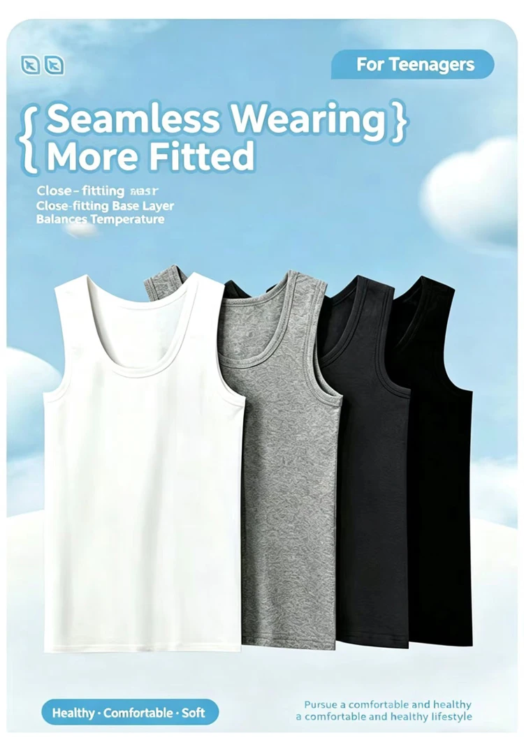 Jungen Tanktop aus Reiner Baumwolle, Leichtes Vielseitiges Unterhemd für den Sommer, Schwarzes und Weißes Basis-Oberteil für Schüler und Teenager – Detail 1