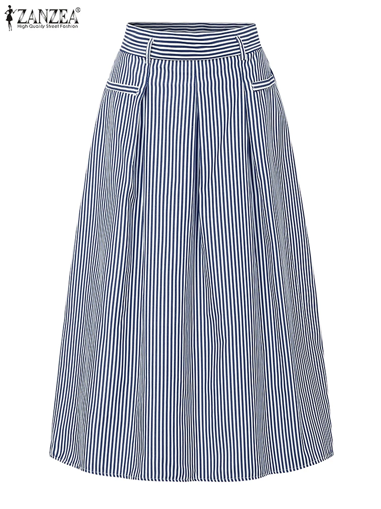 ZANZEA Fashion Women High Waist Office Stripe Skirts Summer Jupes Elegant A-line OL Work Faldas Saia Stylish Pleated Midi Skirt
