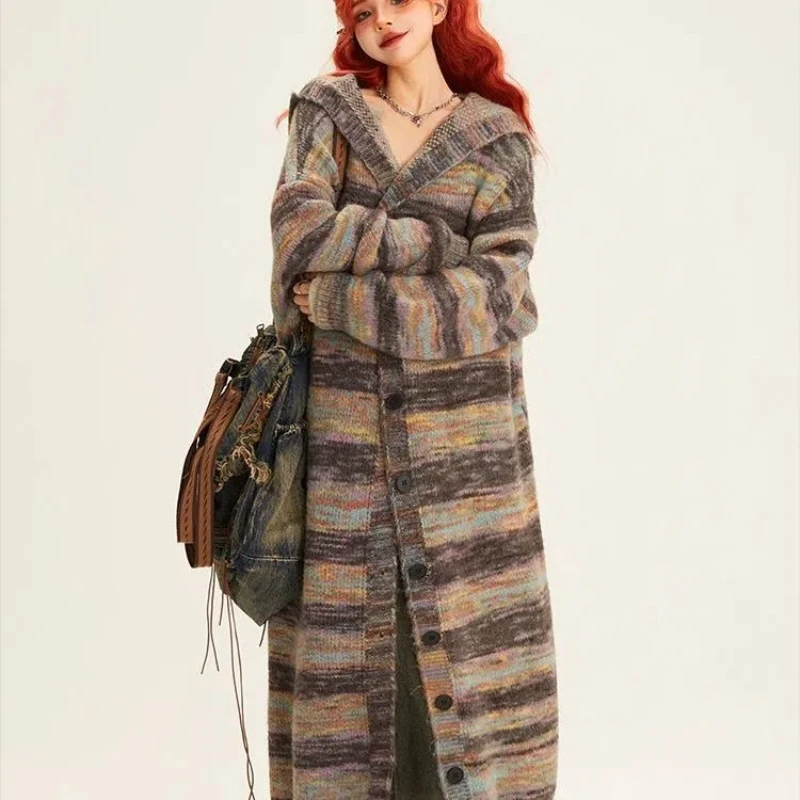 

Large Striped Cardigan Sweater Women's Autumn Vintage Maillard Mid Length Hooded Patchwork Knit Jacket