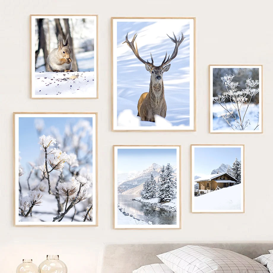 Snow Deer Mountain Lake Forest House Winter Landscape Wall Art Canvas Painting Posters And Prints Pictures For Living Room Decor