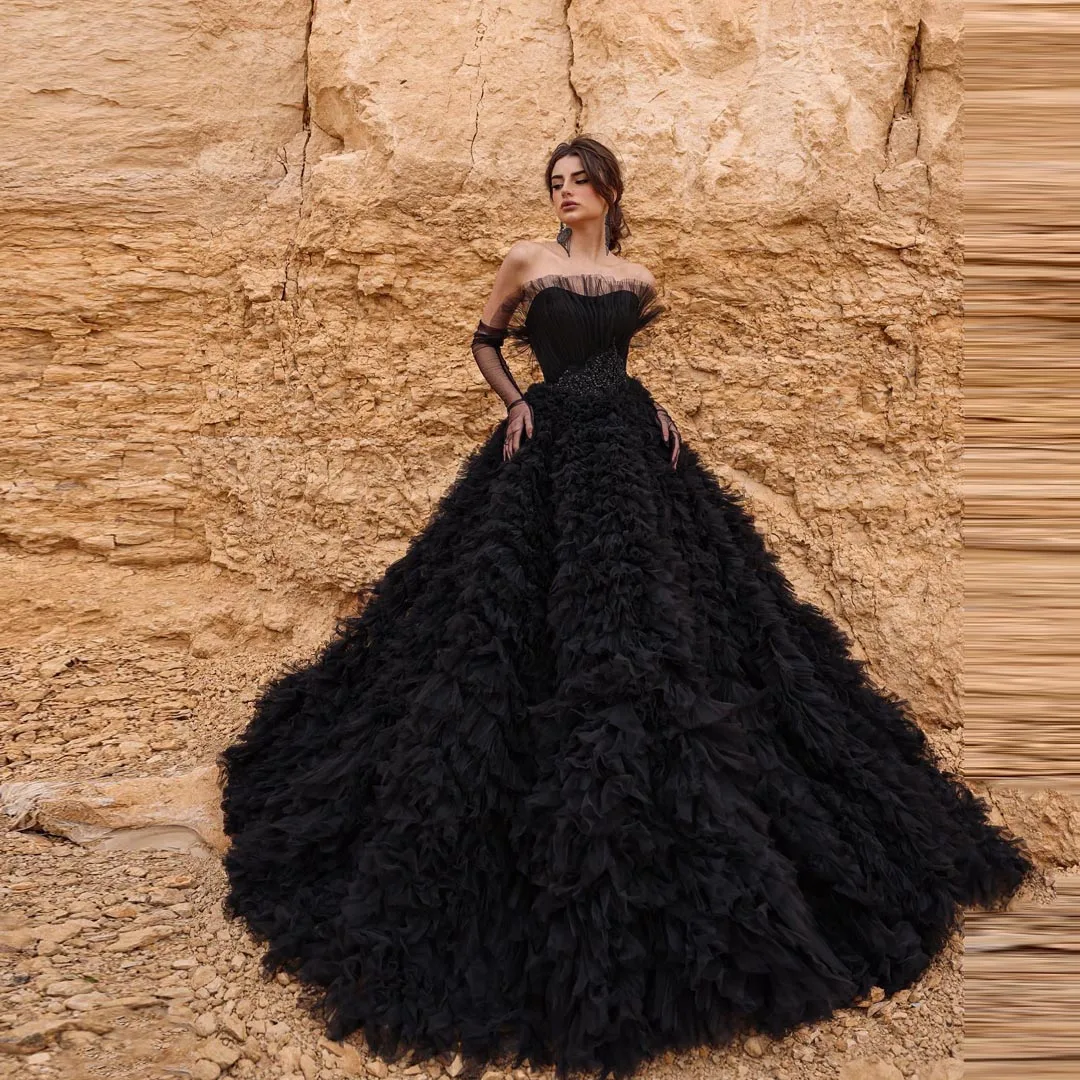 Strapless Black Tulle Ball Gown Ruffled Layered Custom Floor Length Woman Evening Dresses Custom Made Plus Size Wedding Dresses