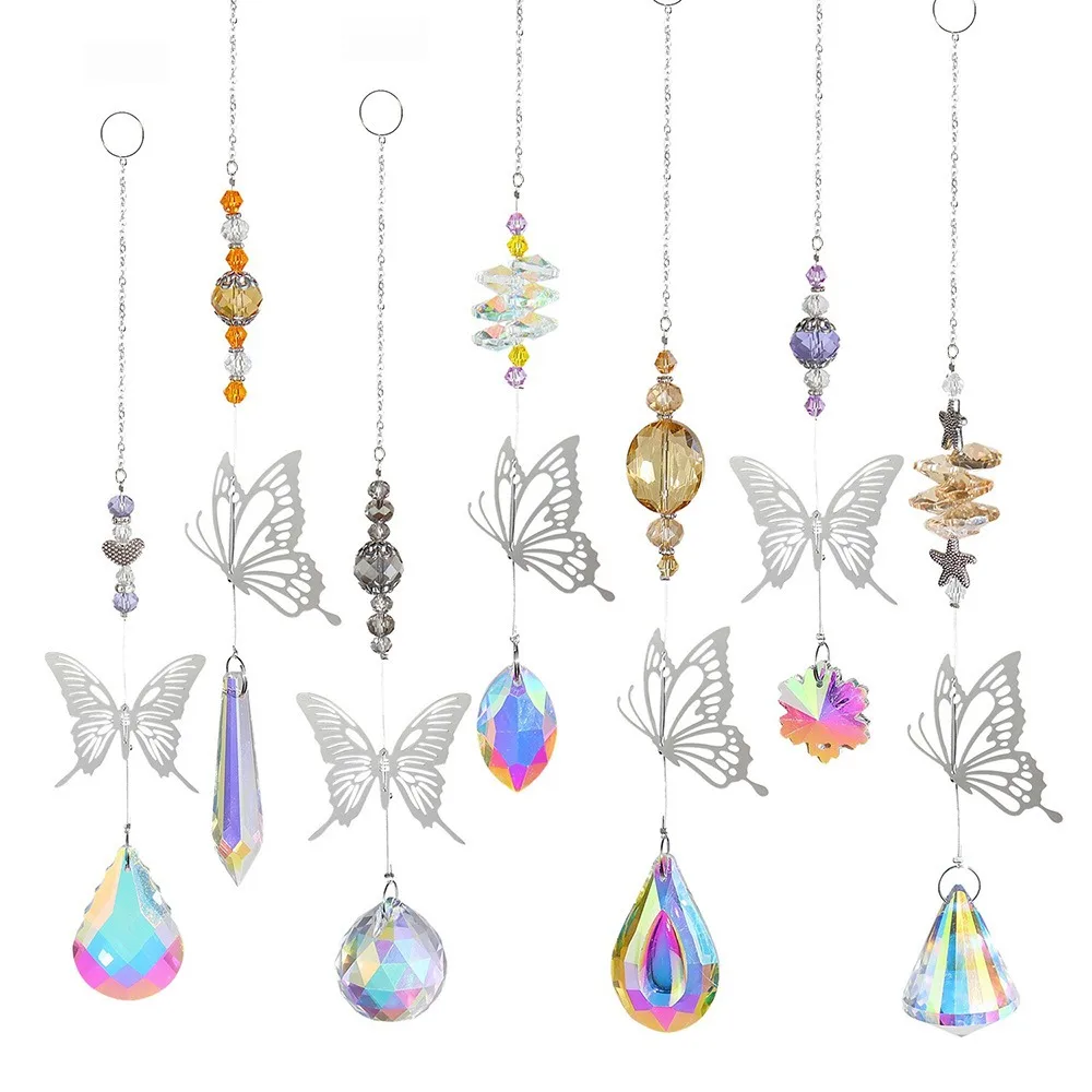 

7Pcs Coloured Crystal Suncatcher Rotating Hanging Wind Chime Novelty Exquisite Animal Butterfly Prism Ball Pendant Backyard