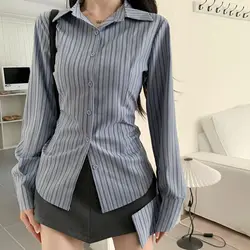 Suits Striped Shirts+Irregular Skirt Women Vintage Long Sleeve Slim Blouses Preppy Streetwear Y2K Korean Casual 2 Piece Set New