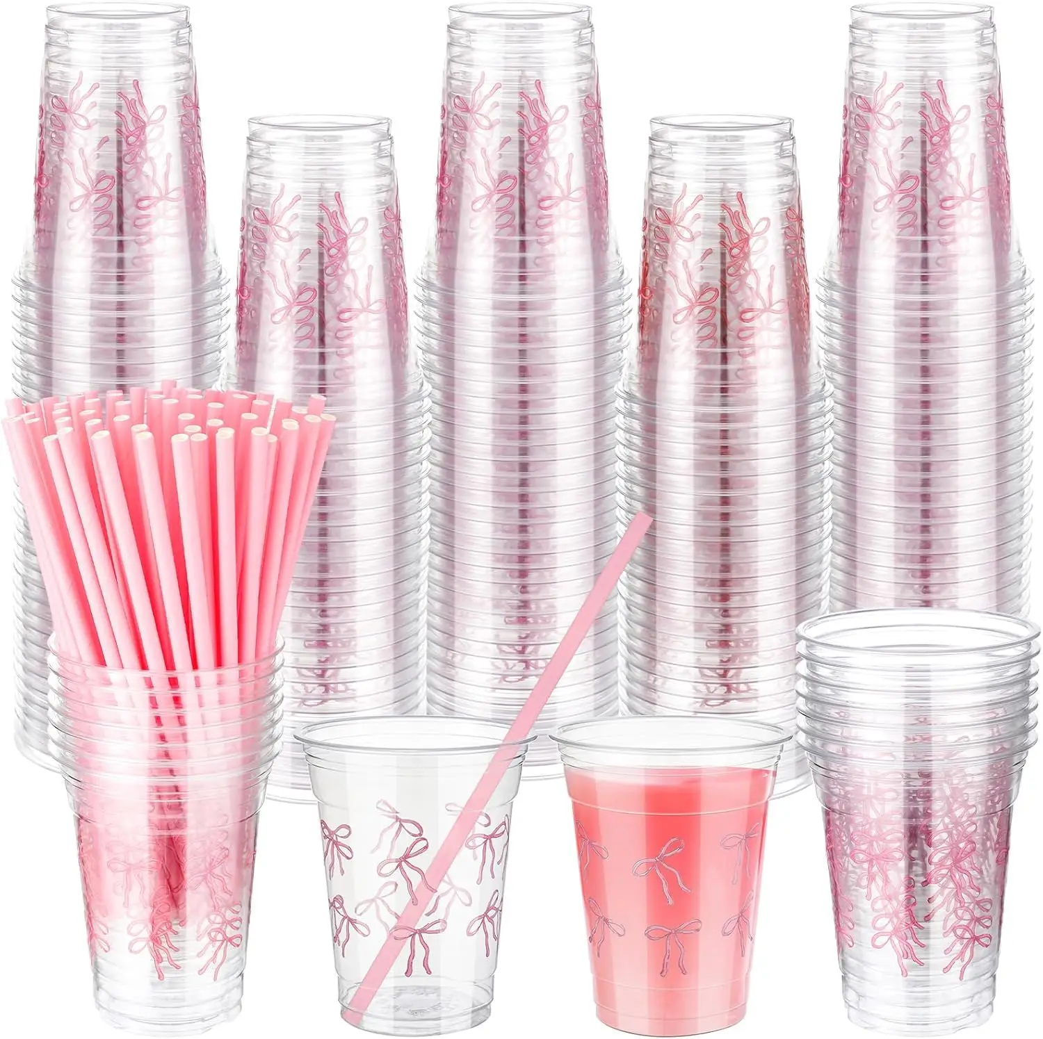 

100 Pcs 12 oz Pink Bow Plastic Cups with Paper Straws for Party Supplies Disposable Coffee Cups Pink Bowknot Drinking fo