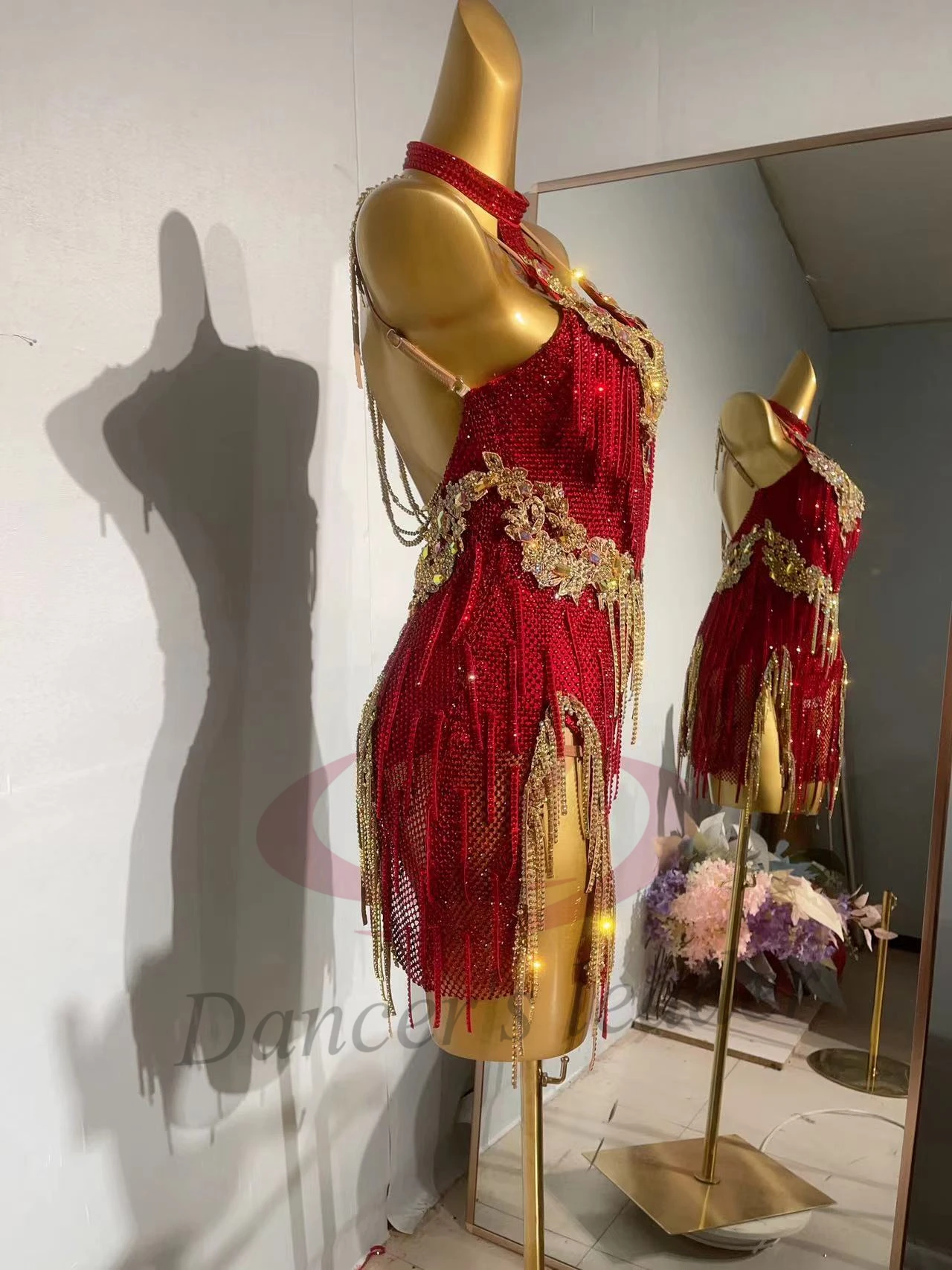 ชุดเต้นลาติน AB Stone สำหรับผู้หญิงและเด็ก รุ่นหรูหราสั่งตัดได้ แต่งเพชรแดงลายตาราง สำหรับการแสดงซัมบ้า