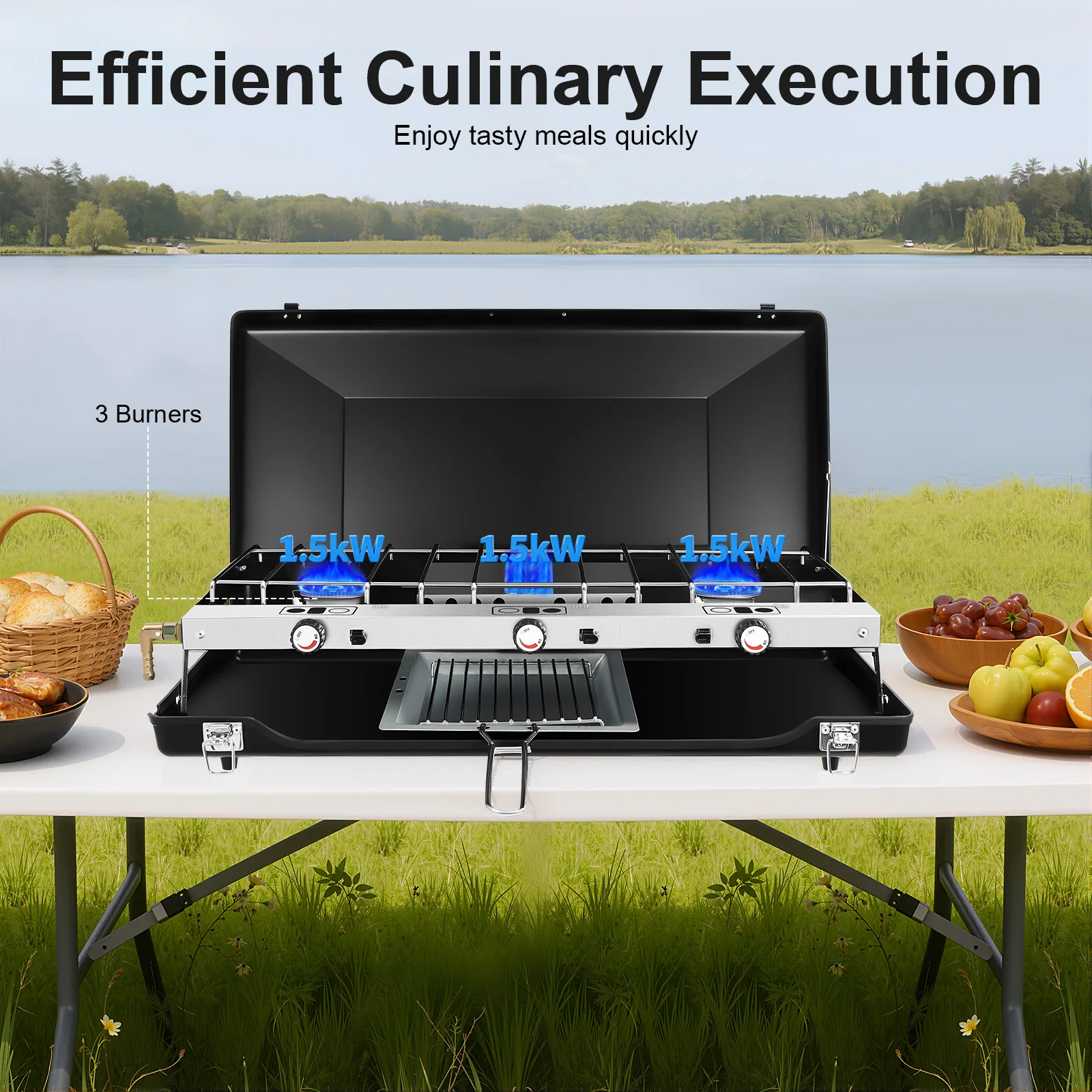 

4.5kw Triple Burner Camping Stove Cold-rolled Steel 56.5 * 30 * 34cm Size 4.5kg Weight 1.5kw Single Burner Power Portable Grill