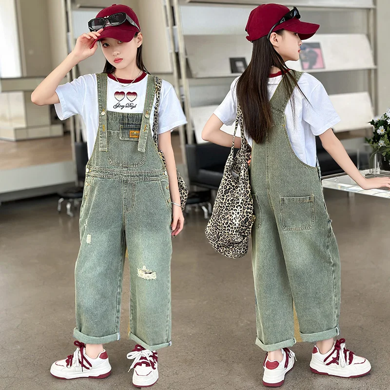 Children Ripped Denim Suspender Jumpsuit for Girls Fashion Destroyed Bib Jeans With Straps Kids Suspender Pants Overall Dungaree