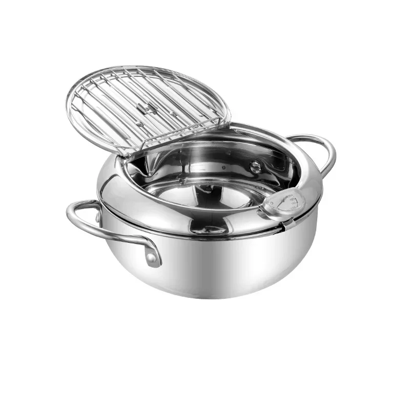 

Japanese Deep Frying Pot with a Thermometer and a Lid 304 Stainless Steel Kitchen Tempura Fryer Pan 24 cm