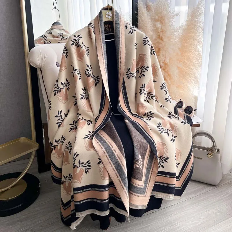 2026 Fall Winter Women Korean Style Imitation Cashmere Scarf Leaf Pony Jacquard Thick Long Shawl Wrap Elegant Versatile Warm
