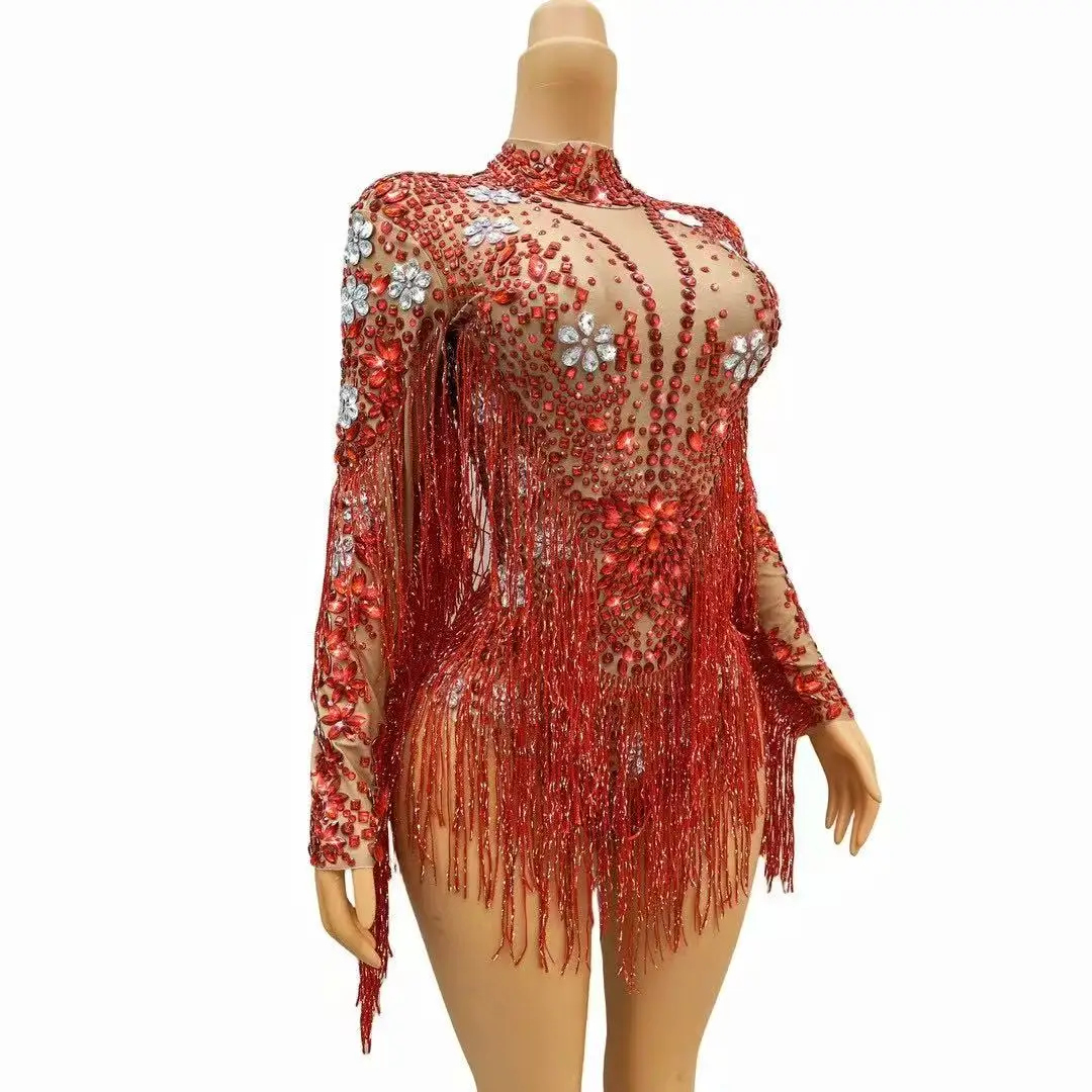 Birthday Celebrate Long Sleeves Dance Bar Women Singer Outfit Blue Silver Rhinestones Transparent Fringe Bodysuit