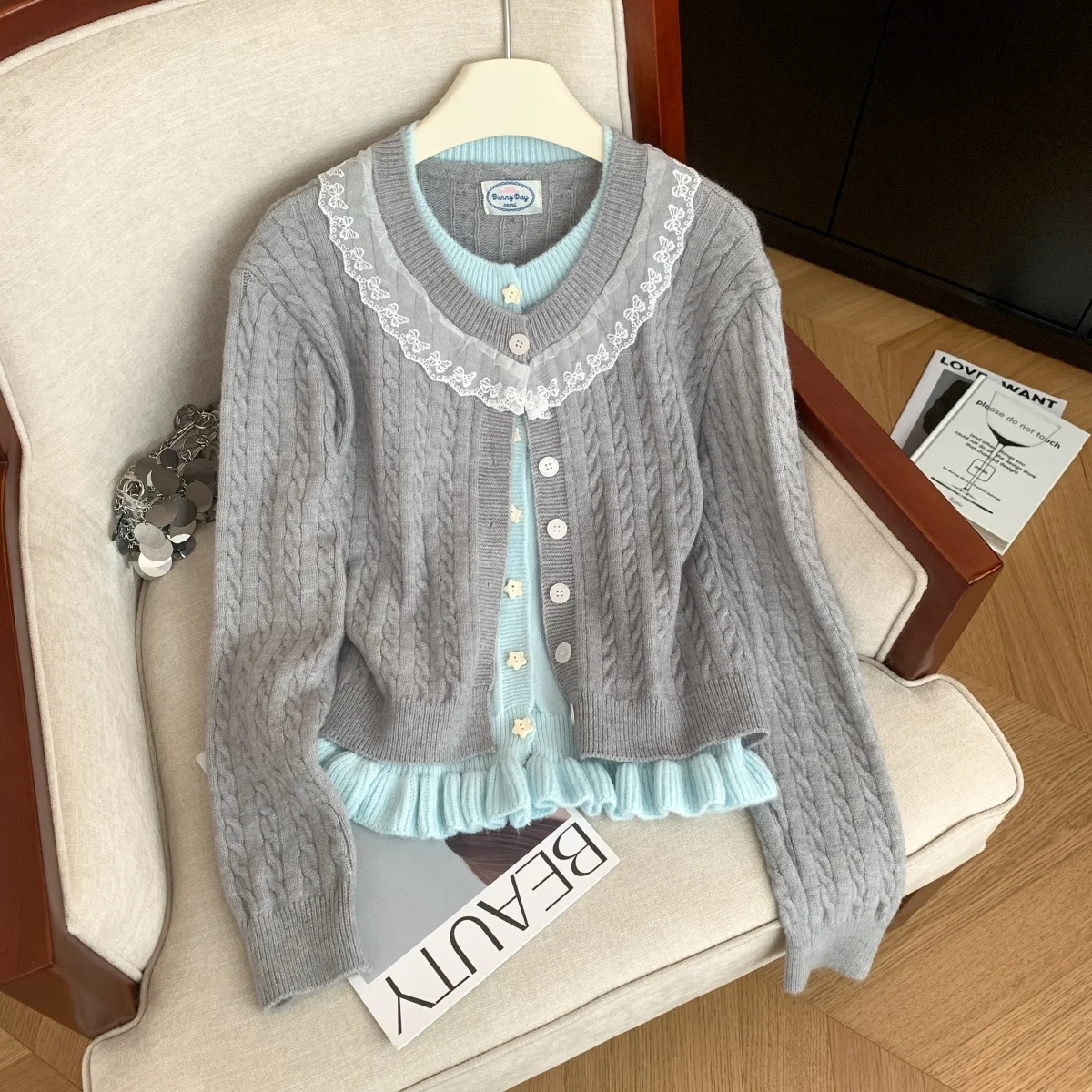 Dames grijze strik vest trui Y2k Vintage jaren 2000 elegante trui gebreide lange mouwen Koreaanse pailletten trui herfst winter 2025