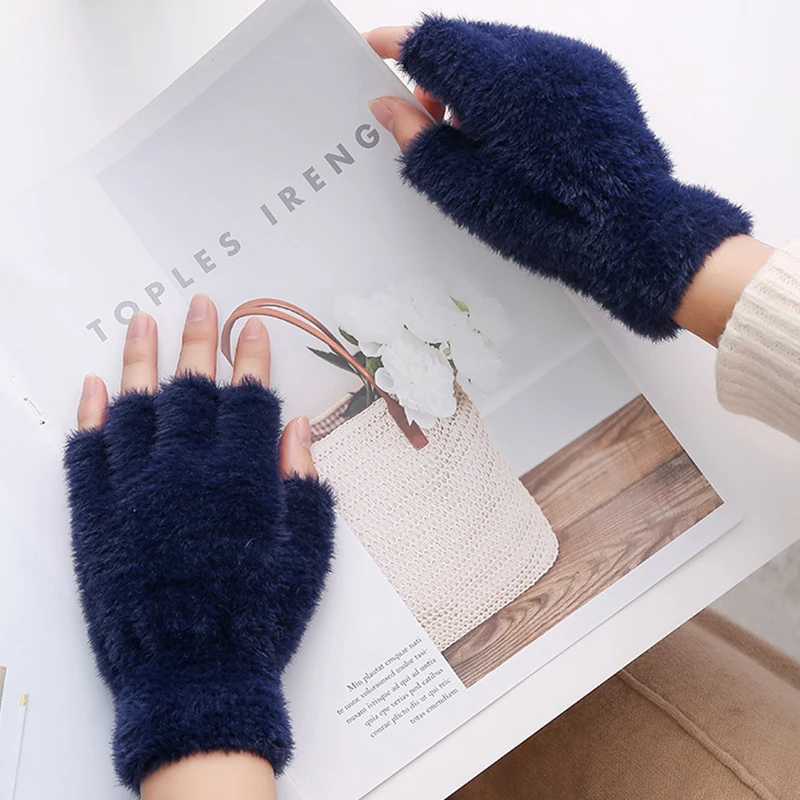 New Solid Color Imitation Mink Half Finger Gloves Fluffy Plush Fingerless Gloves Stretchy Arm Warmers Autumn Winter Warm Mitten