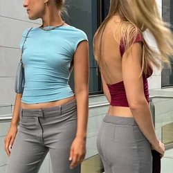 2023 Female Vintage Skinny Crop Top Casual Solid Short Sleeve T-shirt Streetwear Backless Summer Women Y2K Club Outfits Top Tees