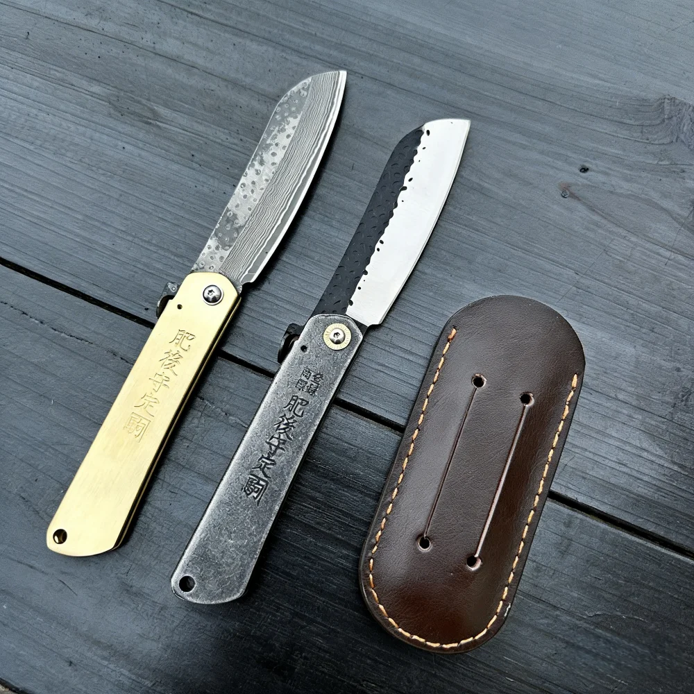 Nuevo Cuchillo Plegable de Acero Damasco Higonokami con Mango de Cobre, Forjado, para Bolsillo, Herramienta EDC para Exteriores
