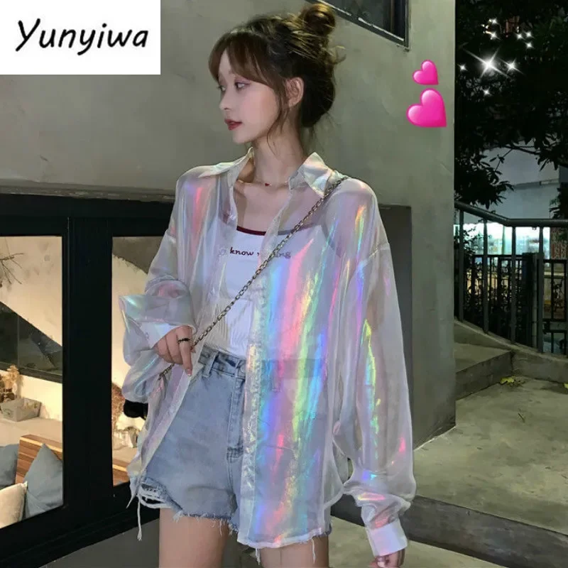 Blouses Women Harajuku Purple Sun-proof Summer Stylish Popular Teens Streetwear All-match Basic Long Sleeve Ins Femme Blusas Top