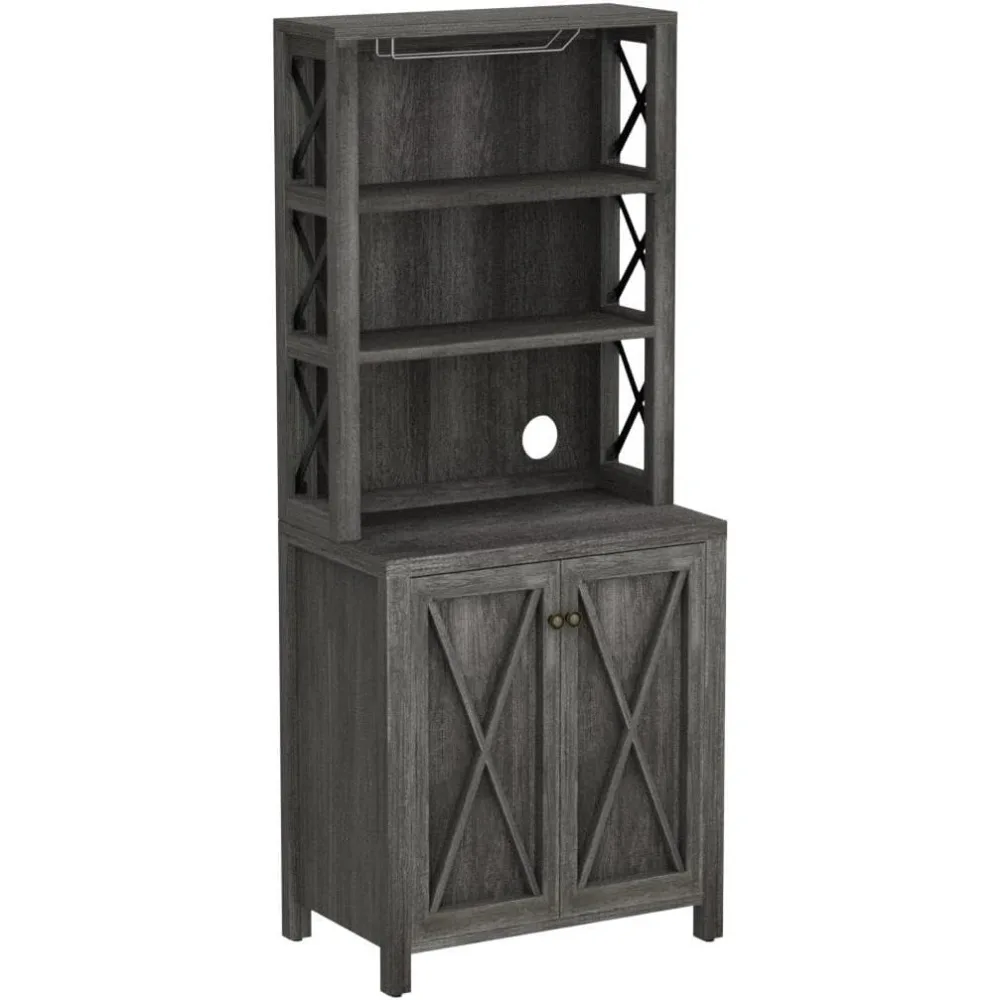 Armoire de bar avec portes en bois, armoires de bar hautes de 67 po, étagères de rangement ouvertes, armoire de café de ferme avec rangement