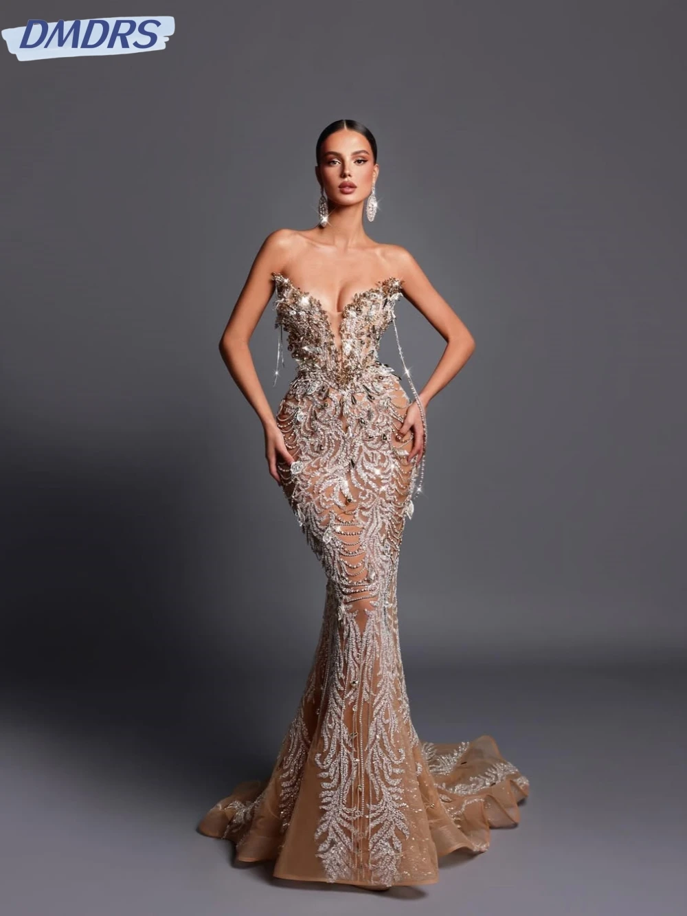 

Champagne Luxury Mermaid Long Evening Dress Sexy Illusion Deep V-neck Prom Dresses Customized Beaded Cocktail Gown For Women