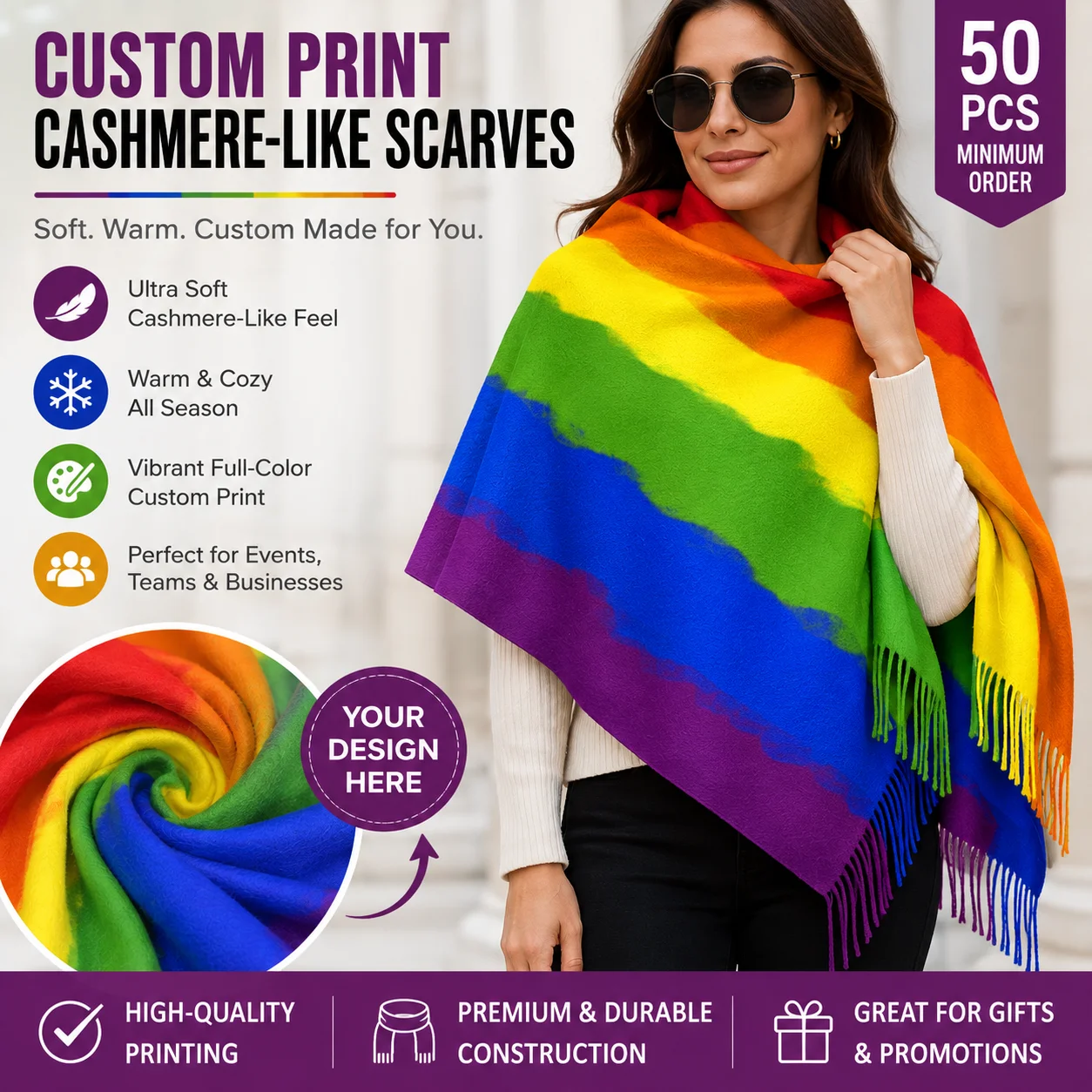 50Pcs Custom Faux Cashmere Winter Scarf Personalized Tassel Shawl Wrap Women Men Blank Fringe Scarves Bulk DIY Logo