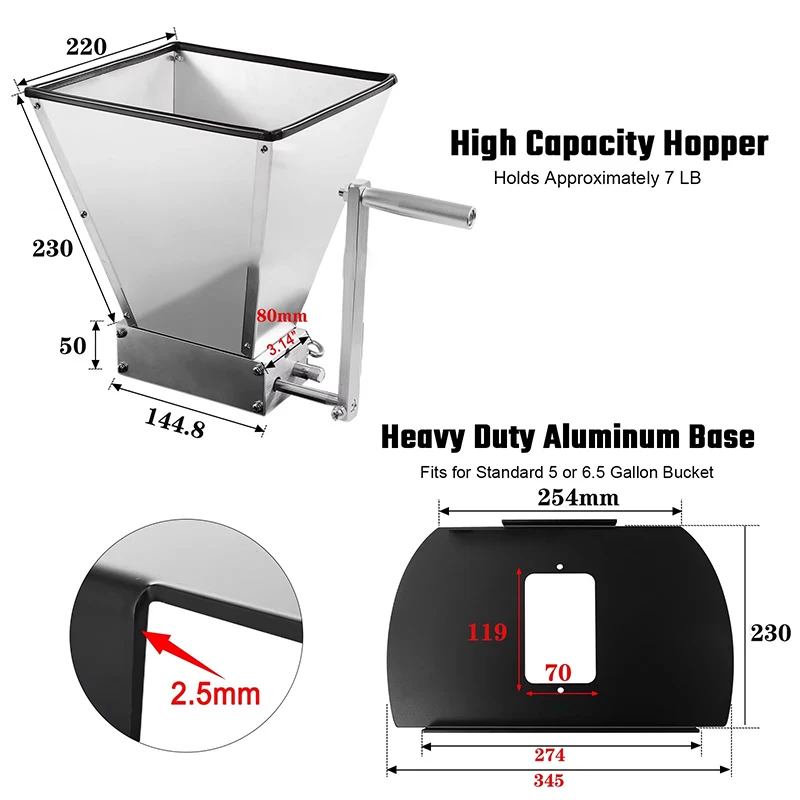 Malt Grinder Grain Mill Brewing for Grain Malt Barley Homebrew Beer, Grain Crusher Grinder with Metal Base 2 Rollers