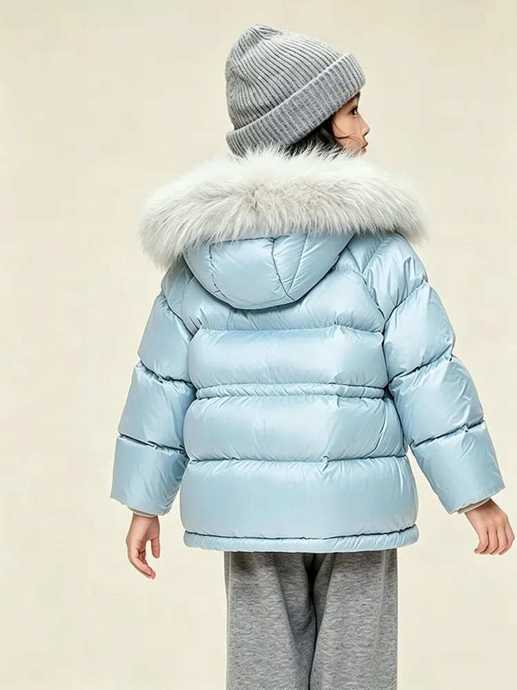 Warmer Winter-Puffermantel für Mädchen, hellblau, abnehmbarer Pelzkragen, mit Kapuze, wasserdicht, dick, Kinder-Oberbekleidung für kaltes Wetter A5105 – Detail 7