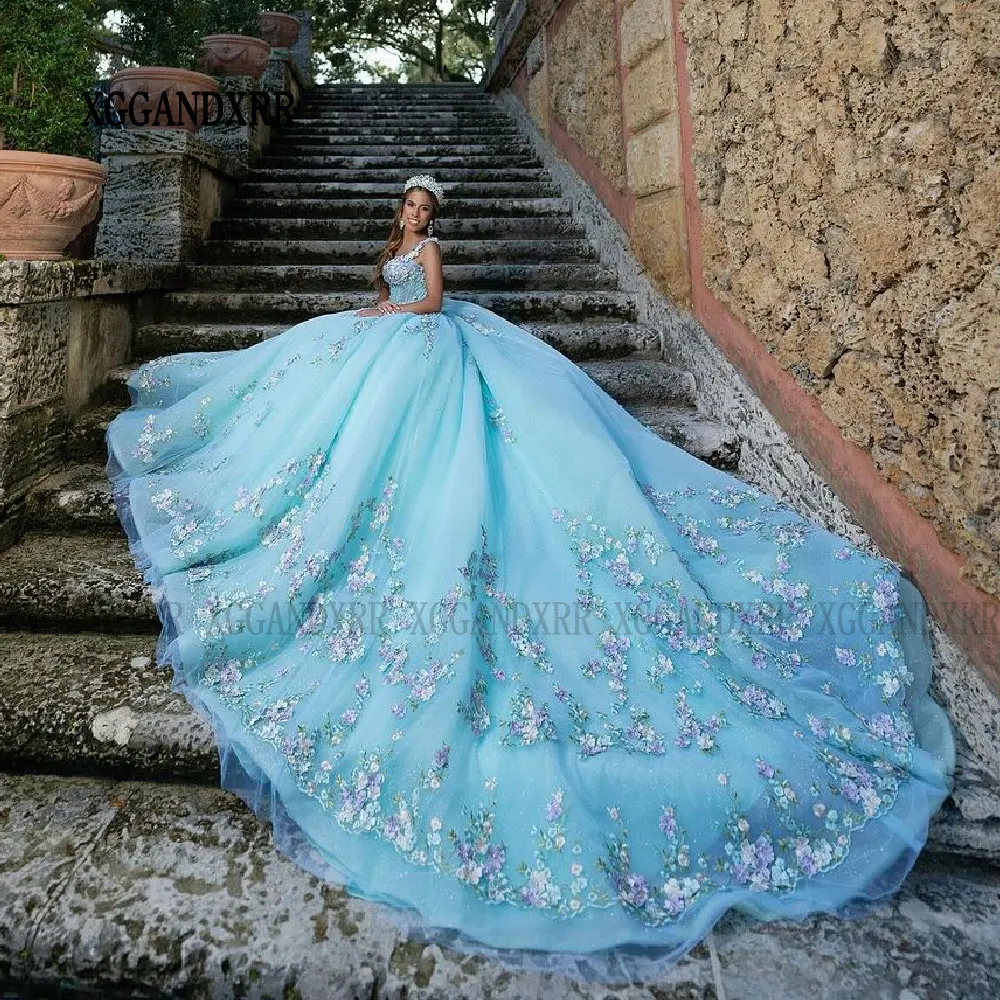 Elegante princesa doce vestido de baile, Flores 3D, Vestidos Quinceanera azuis, 16 vestidos senhorados, 15 anos, Primavera, 2022