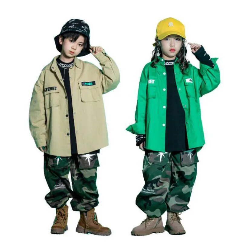 Crianças Mostrando Roupa Hip Hop Roupas Cord Shirt Jacket Camo Tactical Cargo Joggers Calças Para Menina Menino Roupas Traje Jazz Dance