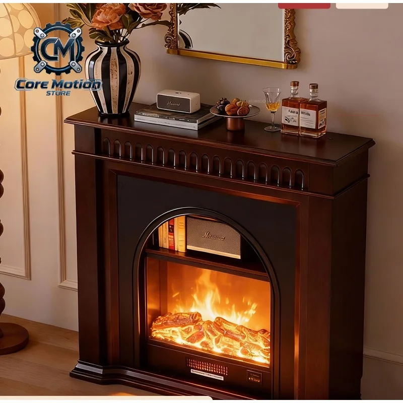 Retro Heating Fireplace Decorative Cabinet, Living Room Simulation Flame, All Solid Wood Home Entrance Cabinet, Antique Style