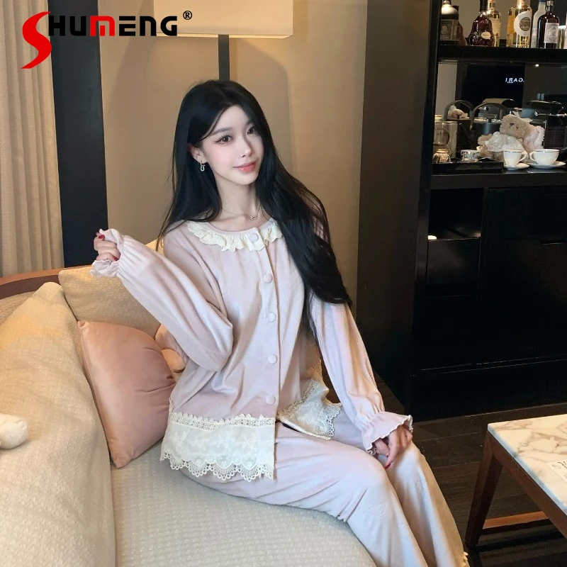 

Women's New Autumn Winter Fleece Lined Pajamas Sweet Thickened Velvet Winter Homewear Female Japanese Style Sleep Suits