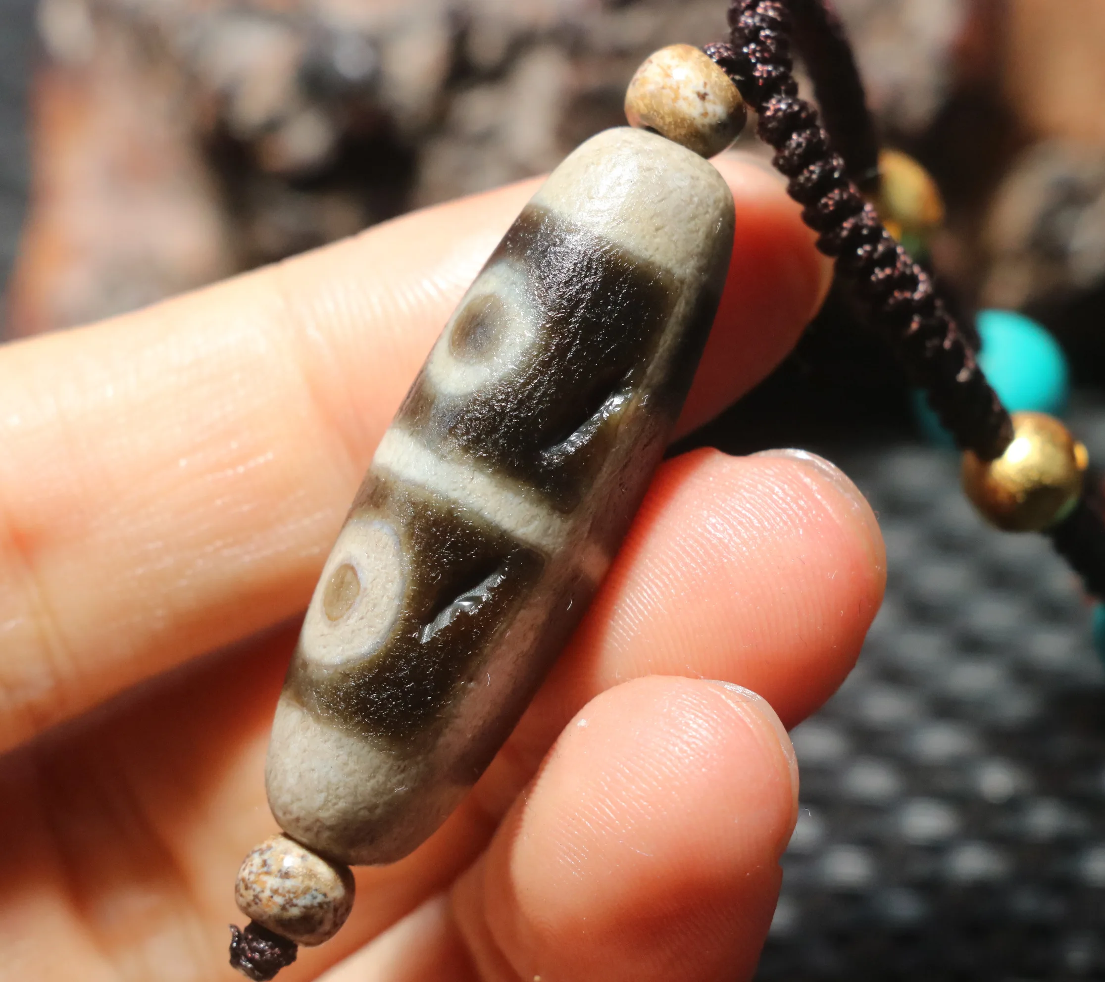 Ultra Energy Tibetan Old Agate Fold Line 4 Eyed Healer Pit dZi Bead Amulet Pendant Necklace Talisman 5A+ T UPD211202A15