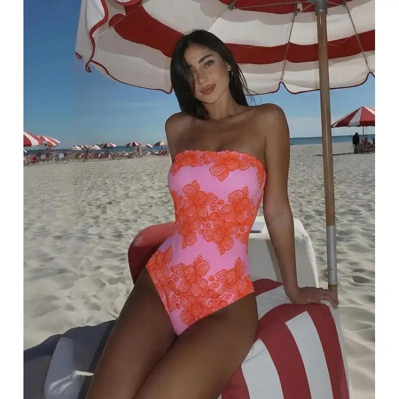 Flaxmaker 2026 Bandeau Pink Flower Print Swimsuit Sets Summer Sexy Off The Shoulder Printed Swimwear Biquini conjunto de