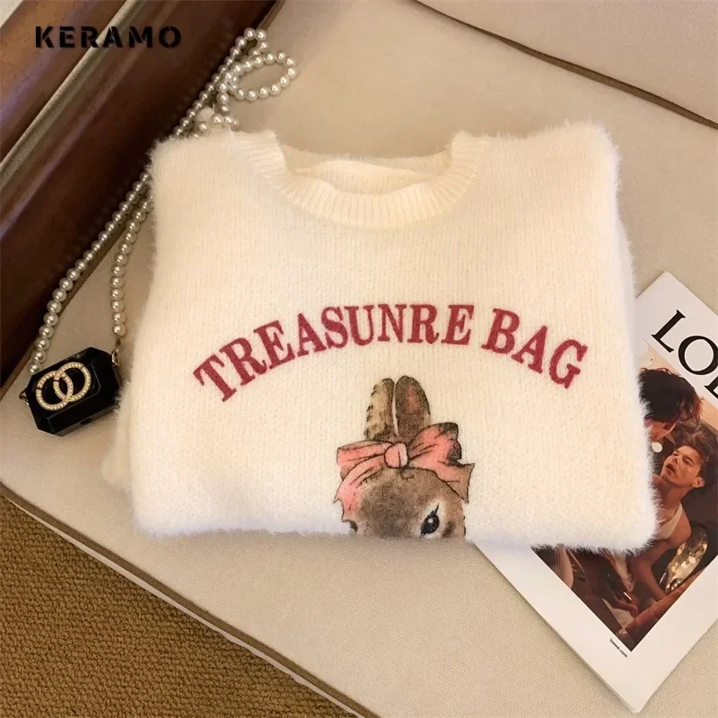 2023 Winter Sweet Knitting Long Sleeve Pullovers Women Casual Y2K Animal Print Jumpers Round Neck Ladies Knitwear Sweater