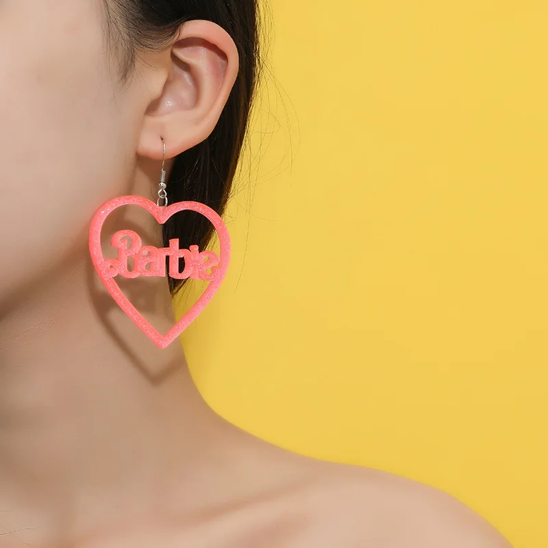 Barbie Earrings Kawaii  Pink Love-shaped Barbie Letter Acrylic Pendant Jewelry for Women Girls Cute Cosplay Jewelry Accessories