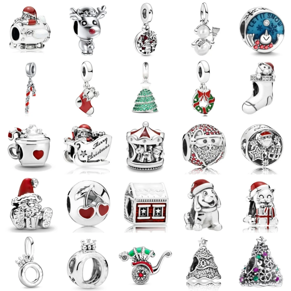 New 925 Sterling Silvering Christmas Tree Dog Charm of ley 925 Chain Beaded Fit Original Pandora Bracelet DIY Ladies Jewelry