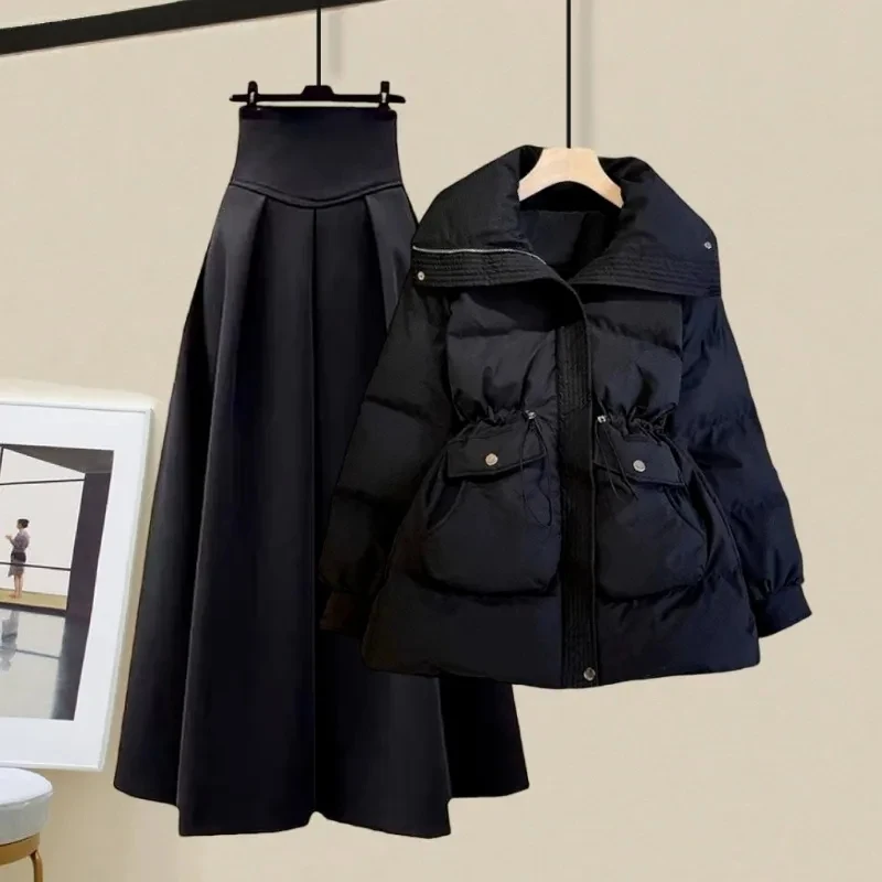 Autumn Winter Fashion Warm Padded Coats Skirts 1 or 2 Piece Set Women Black Cotton Jackets Skirt Suits Basic Outerwear Female