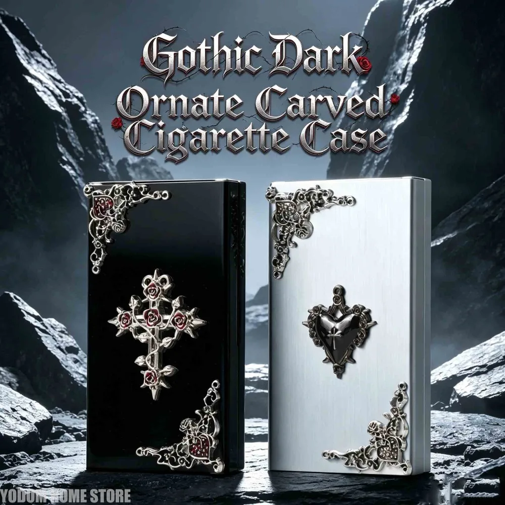 Sliding‑Open Portable Cigarette Case Men Dark Gothic Style Thin Cigarette Storage Box Holds 20‑Pieces Cigarettes Protective Box