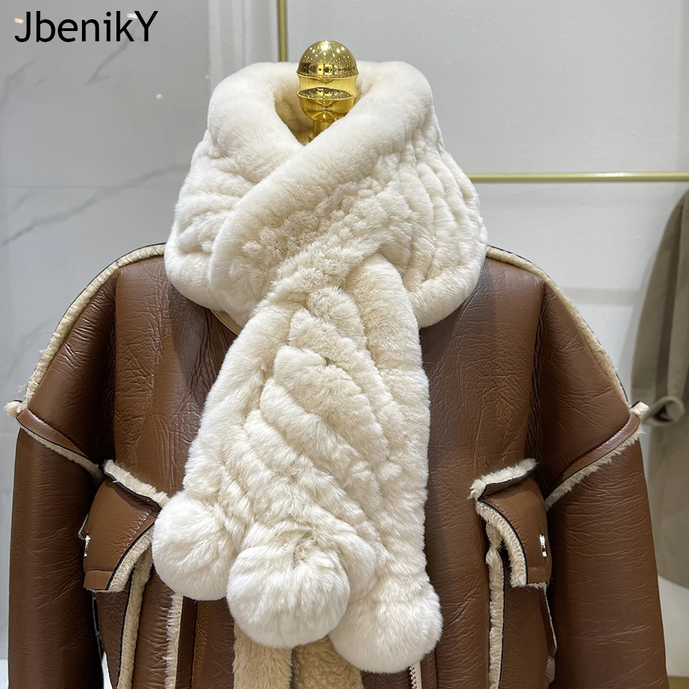 2024 Winter Warm Lady 100% Natural Fur Ball Muffler Fashion Knit Rex Rabbit Fur Scarves Russia Women Real Rex Rabbit Fur Scarf