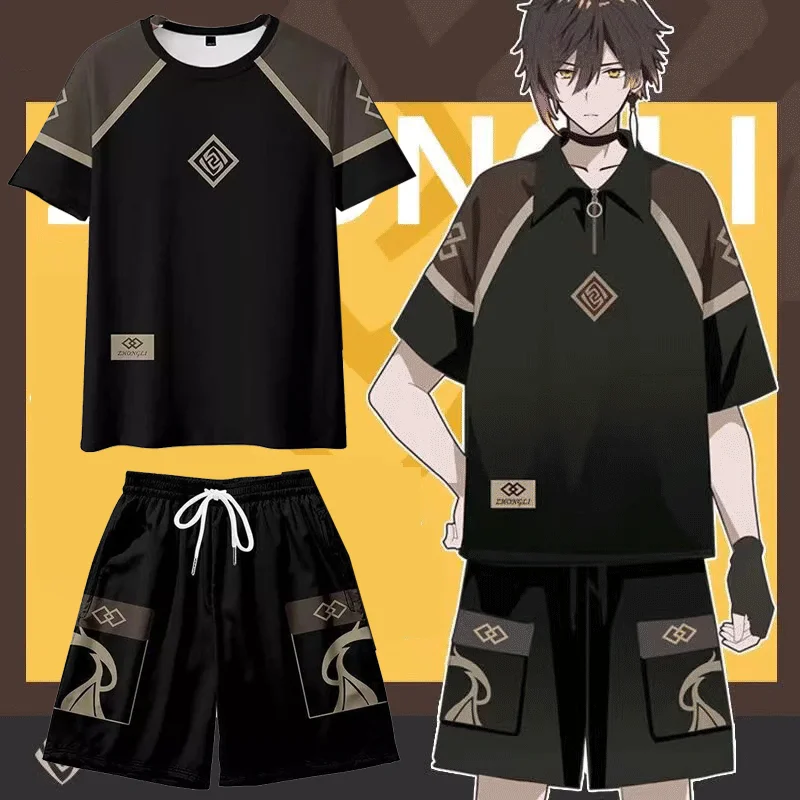 

2025 Genshin Impact Zhongli Cosplay T-Shirt and Shorts Cool Summer Short Sleeve Zhong Li Kimono Haori Cape Tops Streetwear Hot