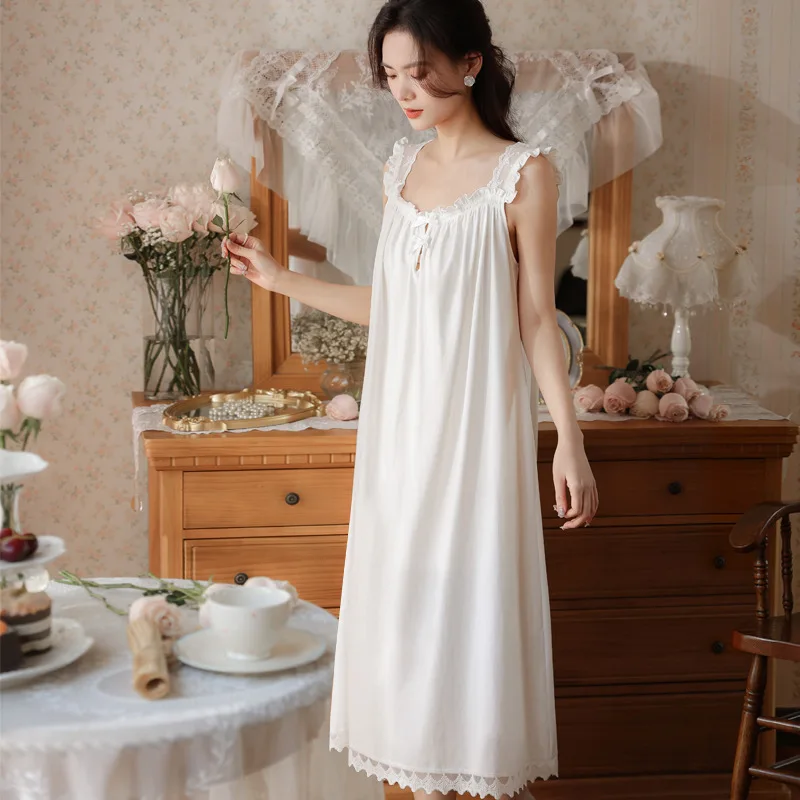 Summer Cotton Sleeveless Night Dress Women White Long Nightdress Sweet Lace Peignoir Victorian Nightgowns Princess Sleepwear