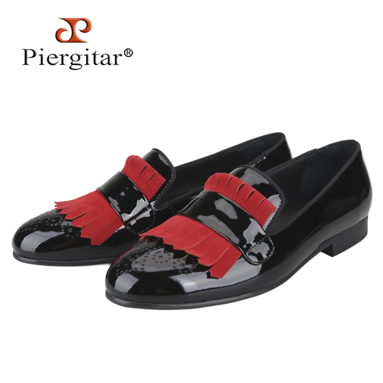 

Мужские лоферы Piergitar ручной работы из черной лакированной кожи с красными замшевыми бахромами, в британском классическом стиле, без застежек, большие размеры