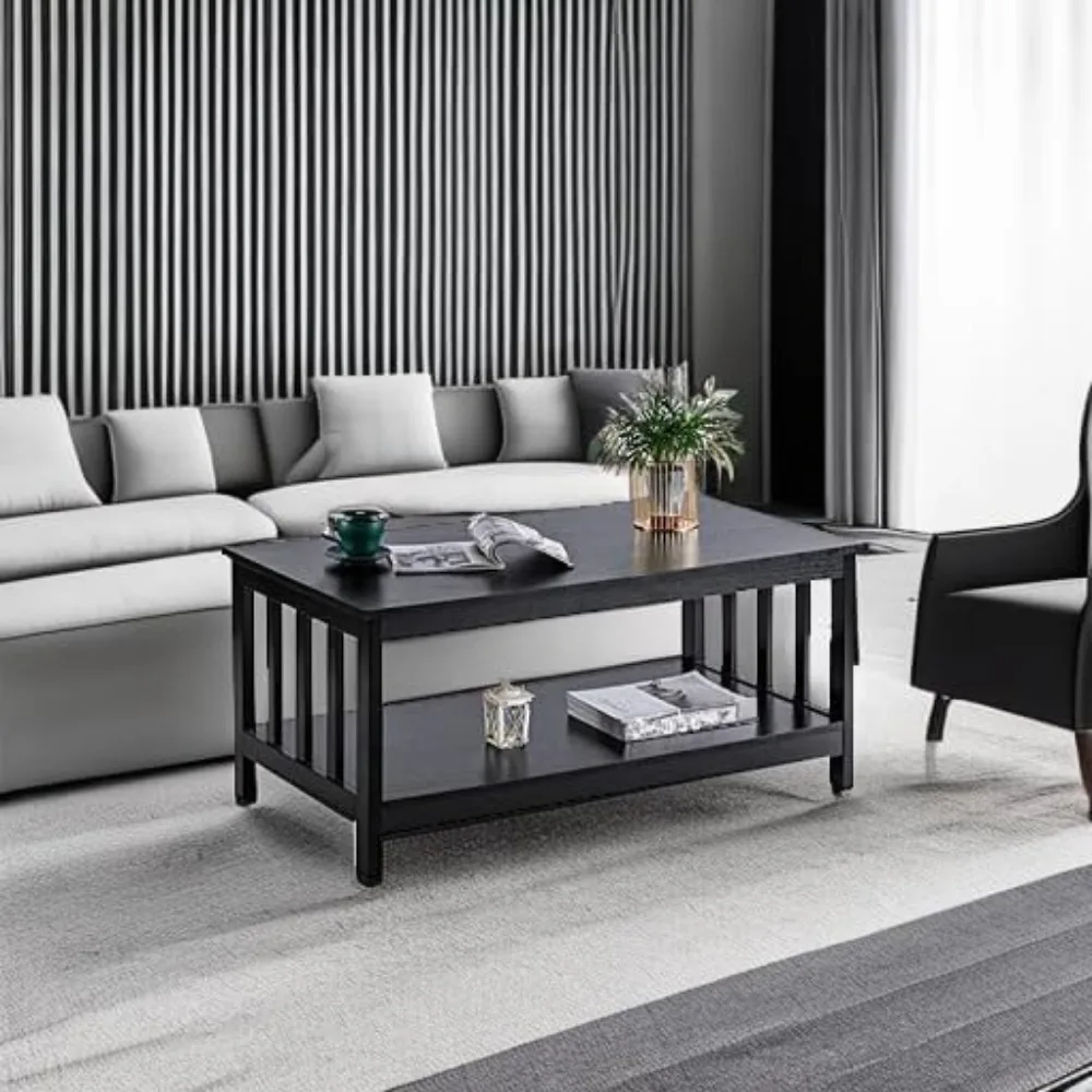 Black Wooden ChooChoo Mission Style Living Room Coffee Table with Shelf, 40 Inches