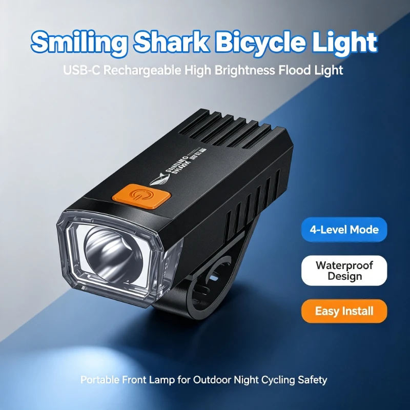 Smiling Shark Portable Bicycle Light USB‑C Rechargeable High Brightness 4‑Level Flood Light Easy Install QX-D404