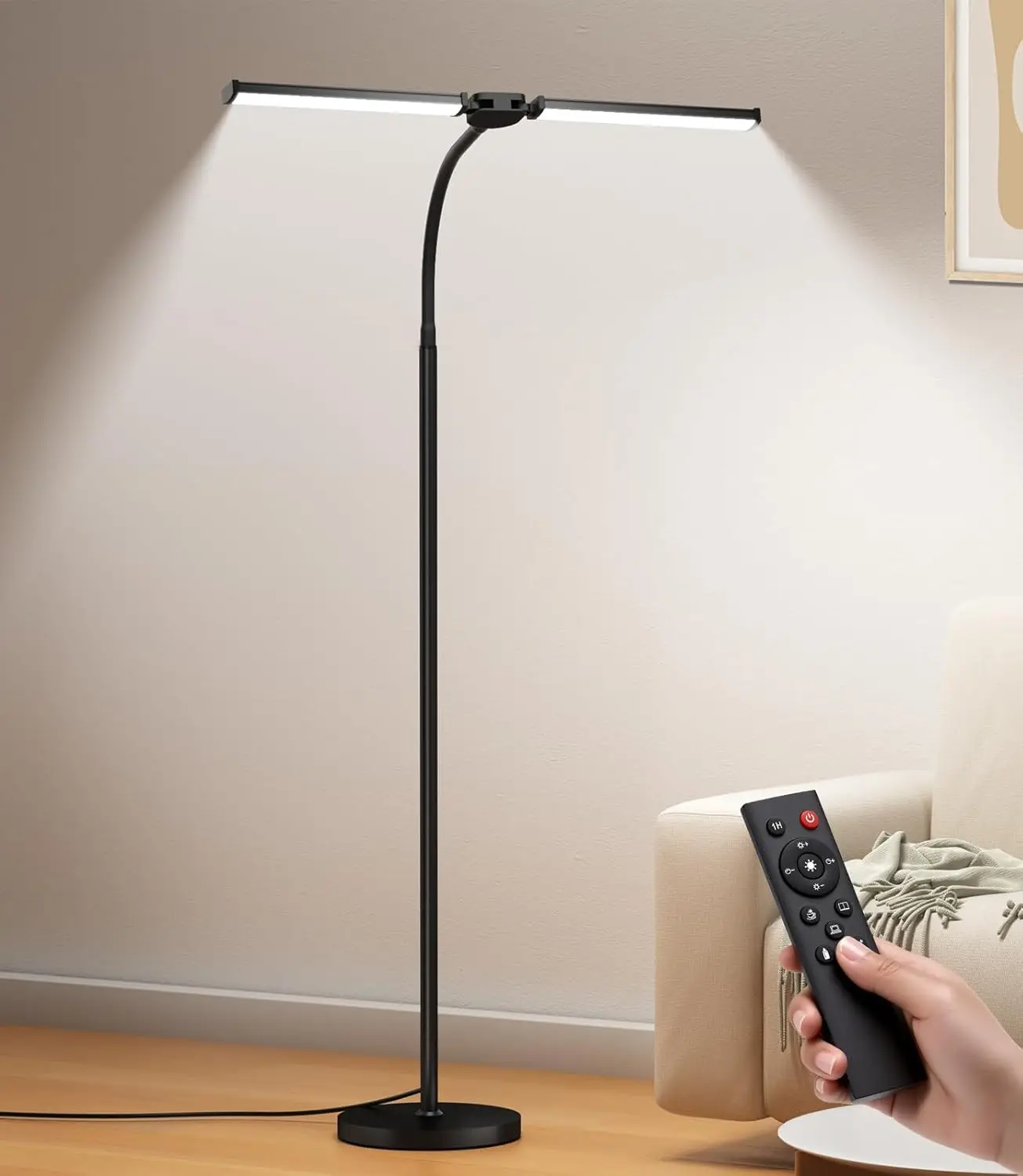 

Adjustable Dual-Head LED Floor Lamp with Remote Control, Eye-Caring Light for Living Room and Office