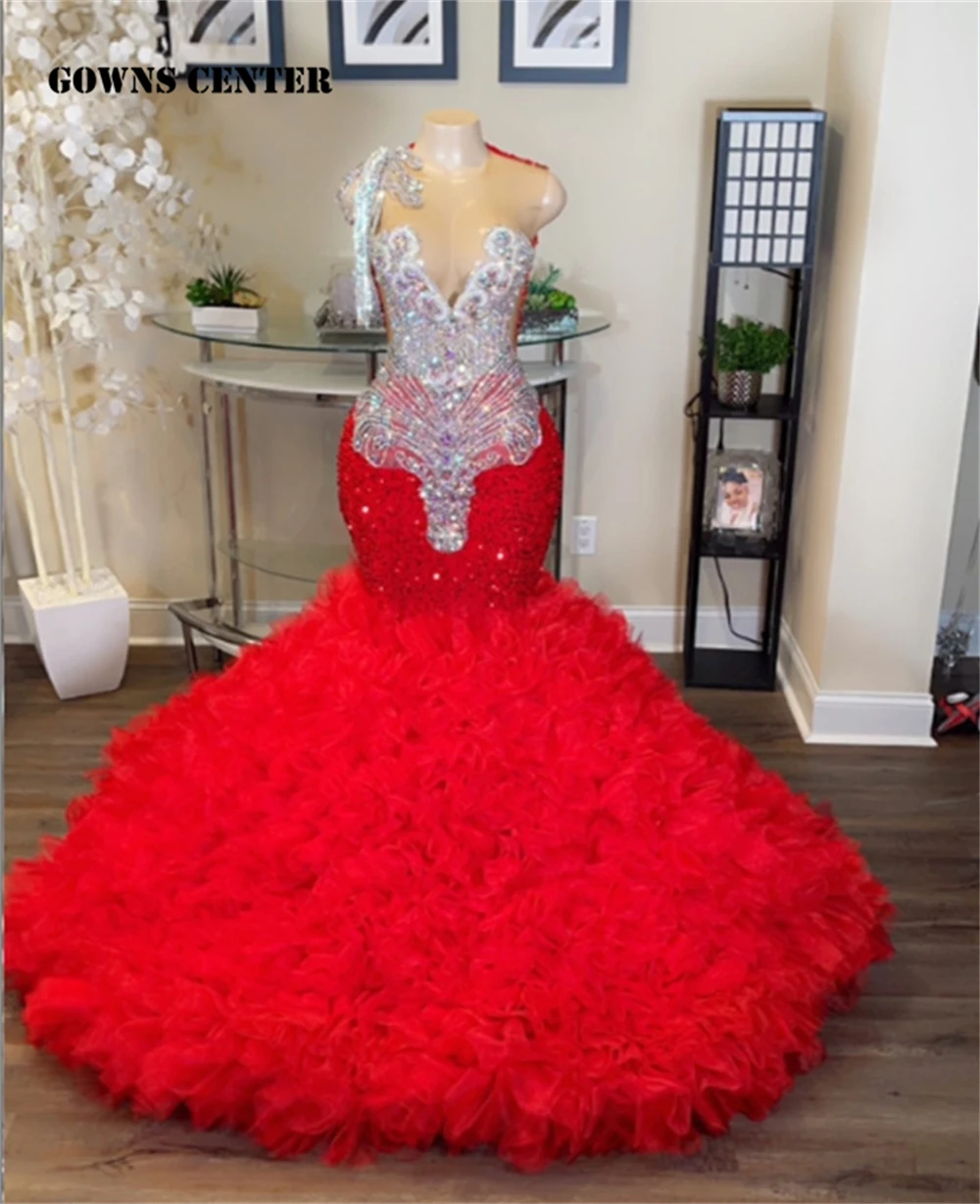 Red Tulle Ruched Silver Crystal Beaded Prom Dresses 2024 Stunning Sexy Mesh Black Girls Birthday Party Gowns vestido Customized