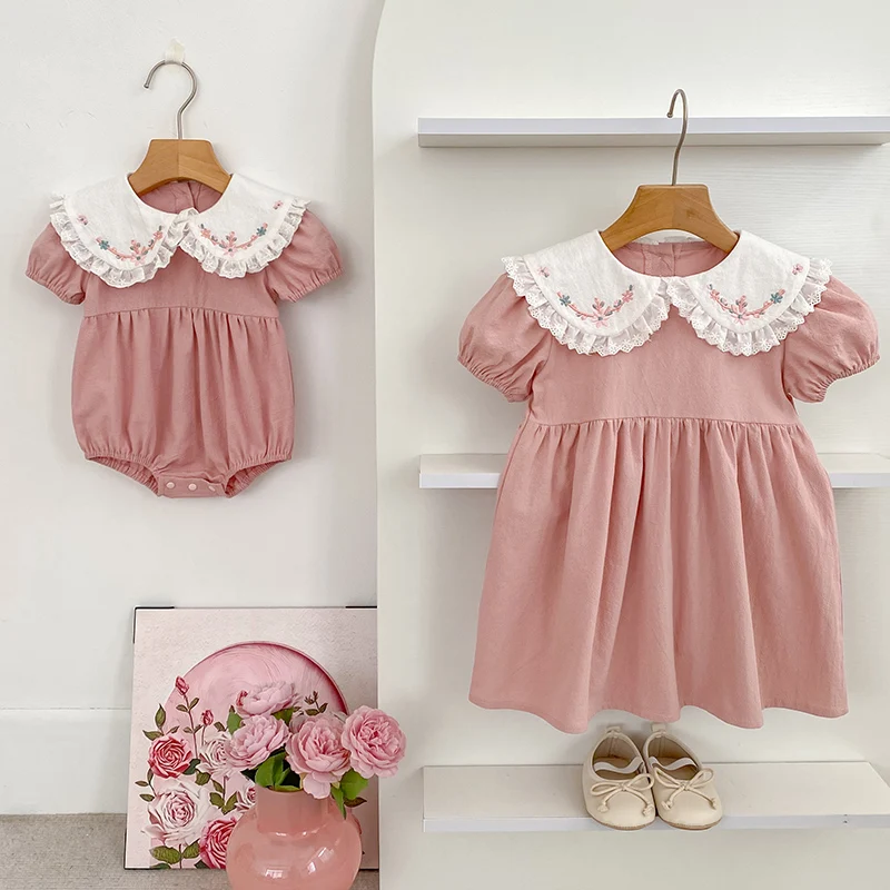Baby Girls Clothes Summer Sisters Dress Pink Kids Sweet Embroider Lace Sisters Rompers Kids Baby Girls Children Clothes Dress