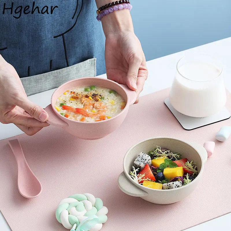 Plastic Bowl with Handle Anti-scald Soup Rice Bowls Household Anti-drop Tableware Kitchen Accessories Salad Fruit Food Container