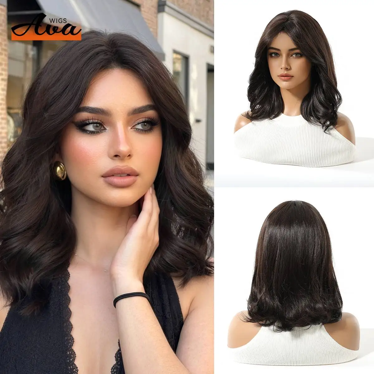 

14 Inch Brown Short Wavy Bob Wigs for Women Synthetic Heat Resistant Hair Natural Middle Part Layered Curly Wig Adjustable Breathable Wig Cap Daily Party Cosplay Wigs