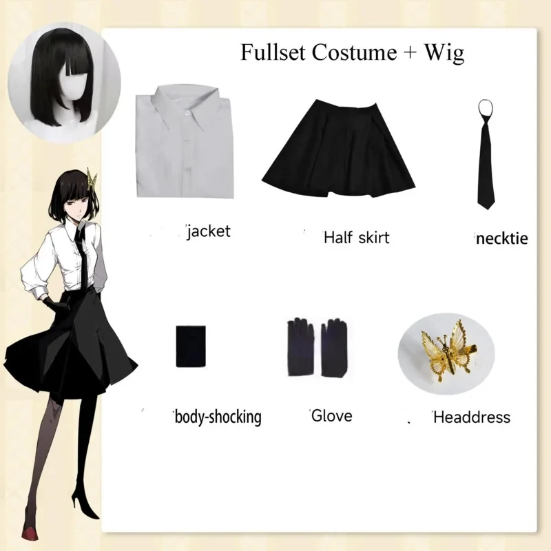 Disfraz de Cosplay de Anime Bungo Stray Dogs 2026, Uniforme Escolar, Traje de Akiko Yosano, Peluca, Falda Dorada con Mariposas, para Mujer, 1J9D7
